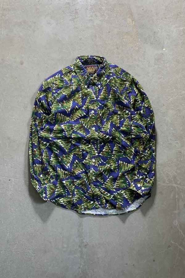 90'S LONG SLEEVE BUTTON-DOWN DESIGN COTTON FLANNEL SHIRT / BLUE / GREEN [SIZE: M USED]