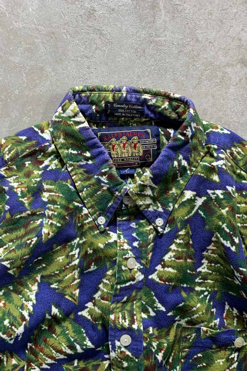 90'S LONG SLEEVE BUTTON-DOWN DESIGN COTTON FLANNEL SHIRT / BLUE / GREEN [SIZE: M USED]