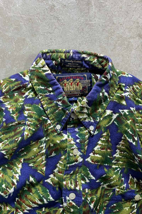 90'S LONG SLEEVE BUTTON-DOWN DESIGN COTTON FLANNEL SHIRT / BLUE / GREEN [SIZE: M USED]