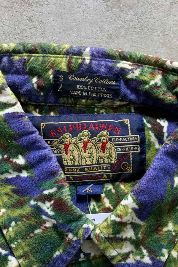 90'S LONG SLEEVE BUTTON-DOWN DESIGN COTTON FLANNEL SHIRT / BLUE / GREEN [SIZE: M USED]