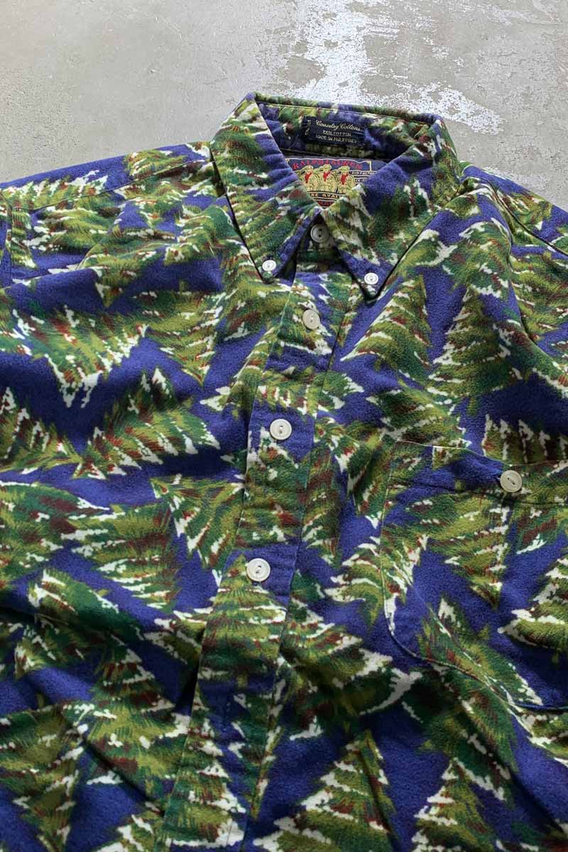90'S LONG SLEEVE BUTTON-DOWN DESIGN COTTON FLANNEL SHIRT / BLUE / GREEN [SIZE: M USED]