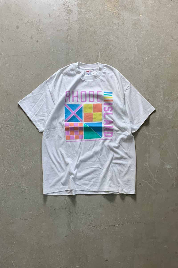 MADE IN USA 80'S S/S ISLAND PRINT T-SHIRT / WHITE [SIZE: XL USED]