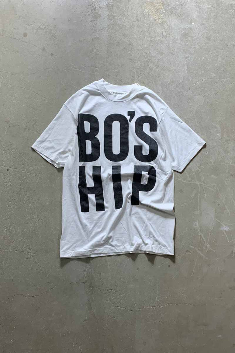 MADE IN USA 90'S S/S BO'S HIP PRINT MESSEGE T-SHIRT /  WHITE [SIZE: L USED]