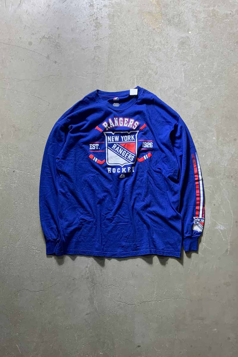 L/S NHL NY RANGERS PRINT SPORTS T-SHIRT / BLUE [SIZE: XL USED]