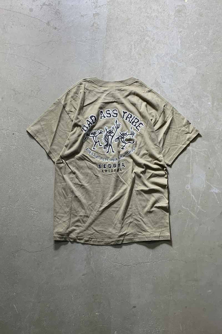 90'S S/S BAD ASS TRIBE BACK PRINT T-SHIRT / KHAKI [SIZE: L USED]