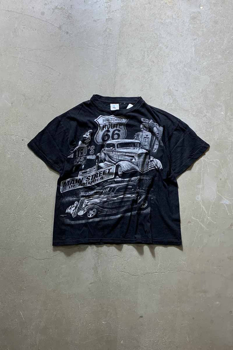 90'S S/S MAIN STREET OF AMERICA CAR PRINT T-SHIRT / BLACK [SIZE: XL USED]