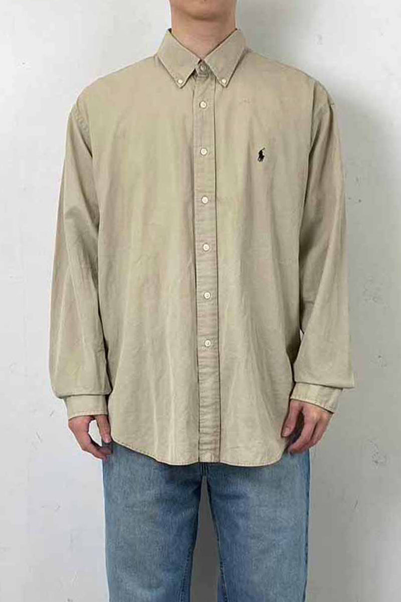 90'S L/S B.D TWO-PLY COTTON BLAKE SHIRT / BEIGE [SIZE: XL USED]
