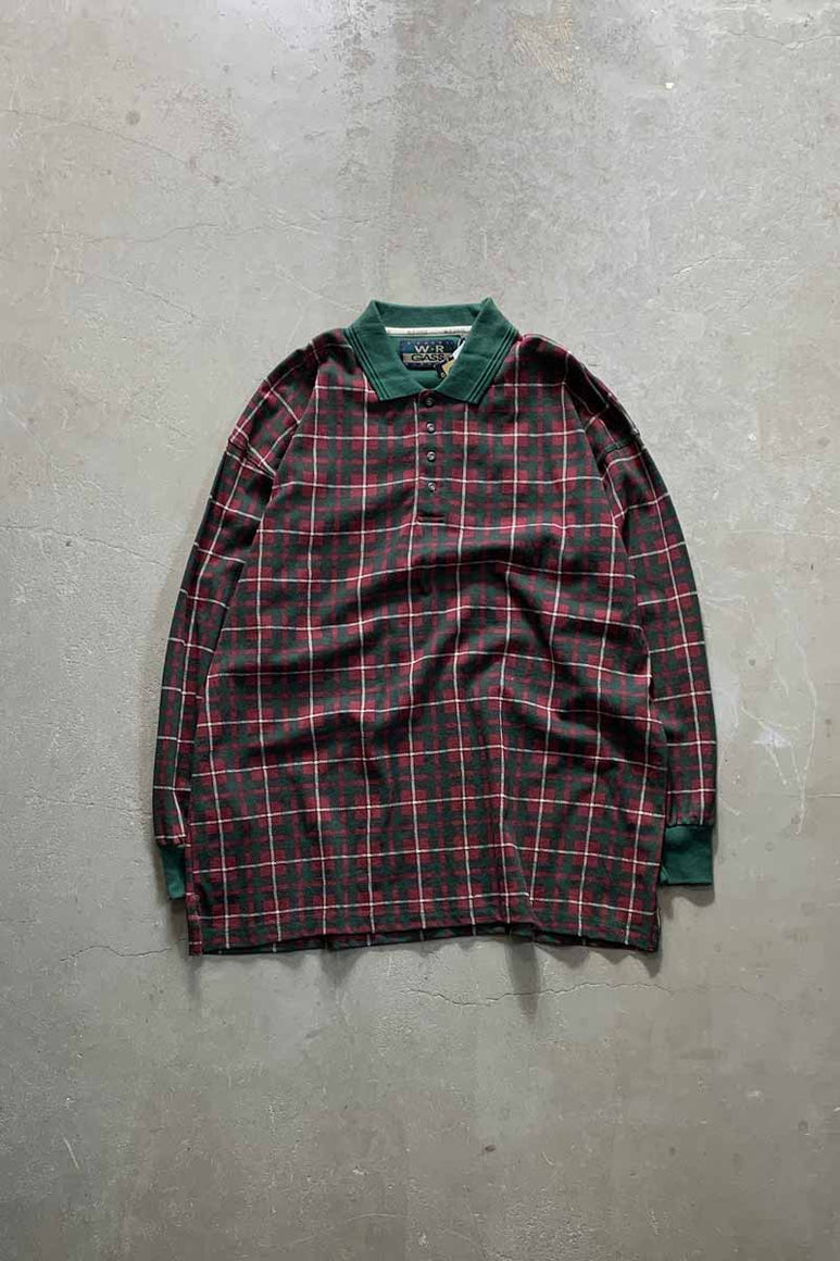 90'S L/S CHECK POLO SHIRT / GREEN / RED [SIZE: XL DEADSTOCK/NOS]
