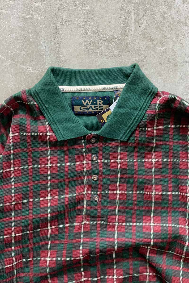 90'S L/S CHECK POLO SHIRT / GREEN / RED [SIZE: XL DEADSTOCK/NOS]