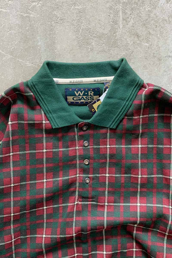 90'S L/S CHECK POLO SHIRT / GREEN / RED [SIZE: XL DEADSTOCK/NOS]