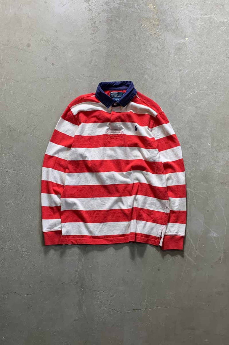 90'S L/S BORDER RUGBY SHIRT / WHITE / RED [SIZE: M USED]