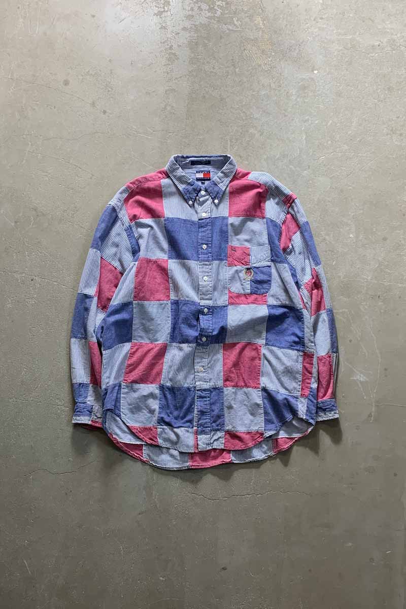 90'S L/S B.D CRAZY CHECK PATTERN PATCHWORK COTTON SHIRT / MULTI [SIZE: XL USED]