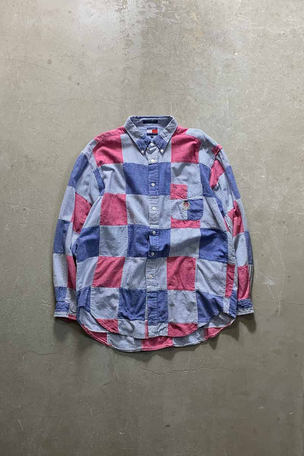 90'S L/S B.D CRAZY CHECK PATTERN PATCHWORK COTTON SHIRT / MULTI [SIZE: XL USED]