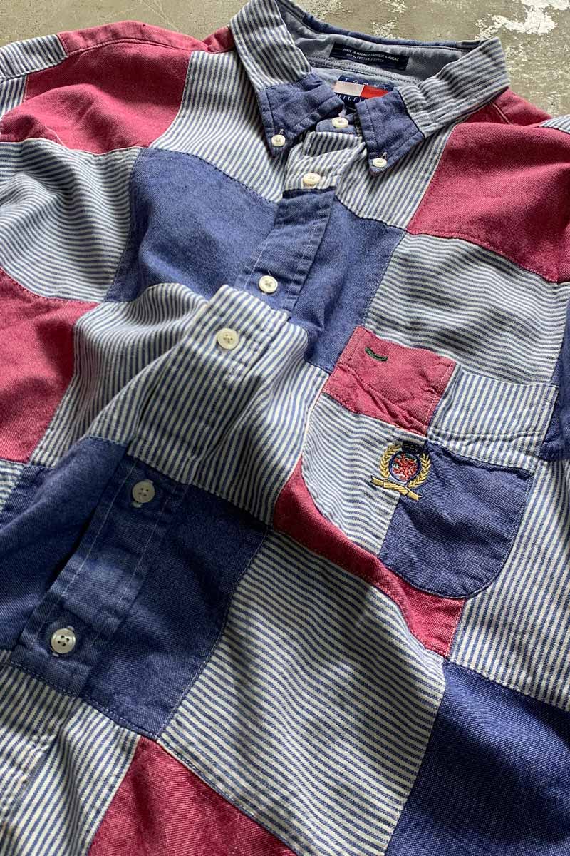 90'S L/S B.D CRAZY CHECK PATTERN PATCHWORK COTTON SHIRT / MULTI [SIZE: XL USED]