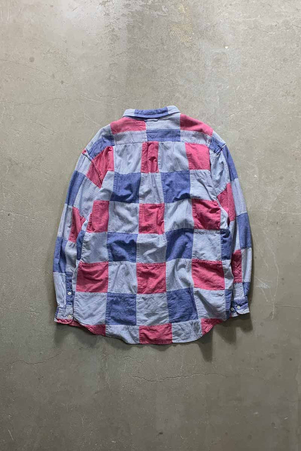 90'S L/S B.D CRAZY CHECK PATTERN PATCHWORK COTTON SHIRT / MULTI [SIZE: XL USED]