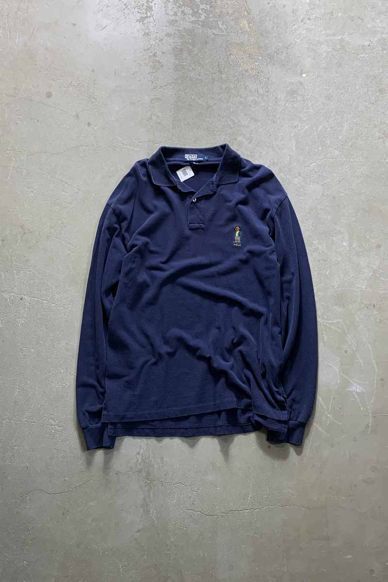 90'S L/S POLO BEAR POLO SHIRT / NAVY [SIZE: L USED]