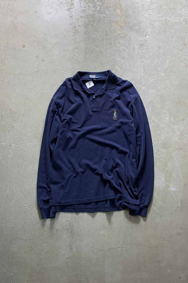 90'S L/S POLO BEAR POLO SHIRT / NAVY [SIZE: L USED]