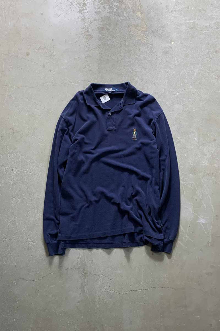 90'S L/S POLO BEAR POLO SHIRT / NAVY [SIZE: L USED]