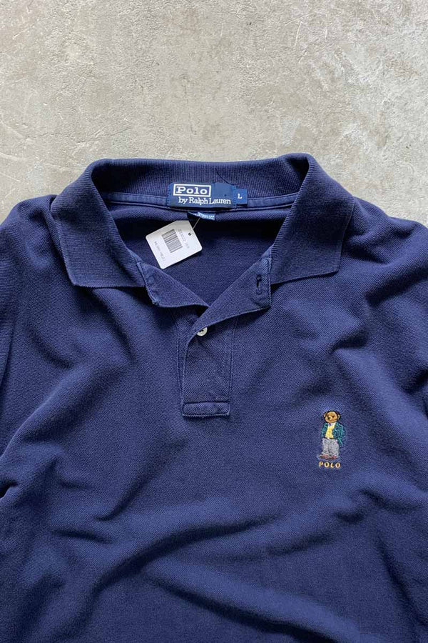 90'S L/S POLO BEAR POLO SHIRT / NAVY [SIZE: L USED]