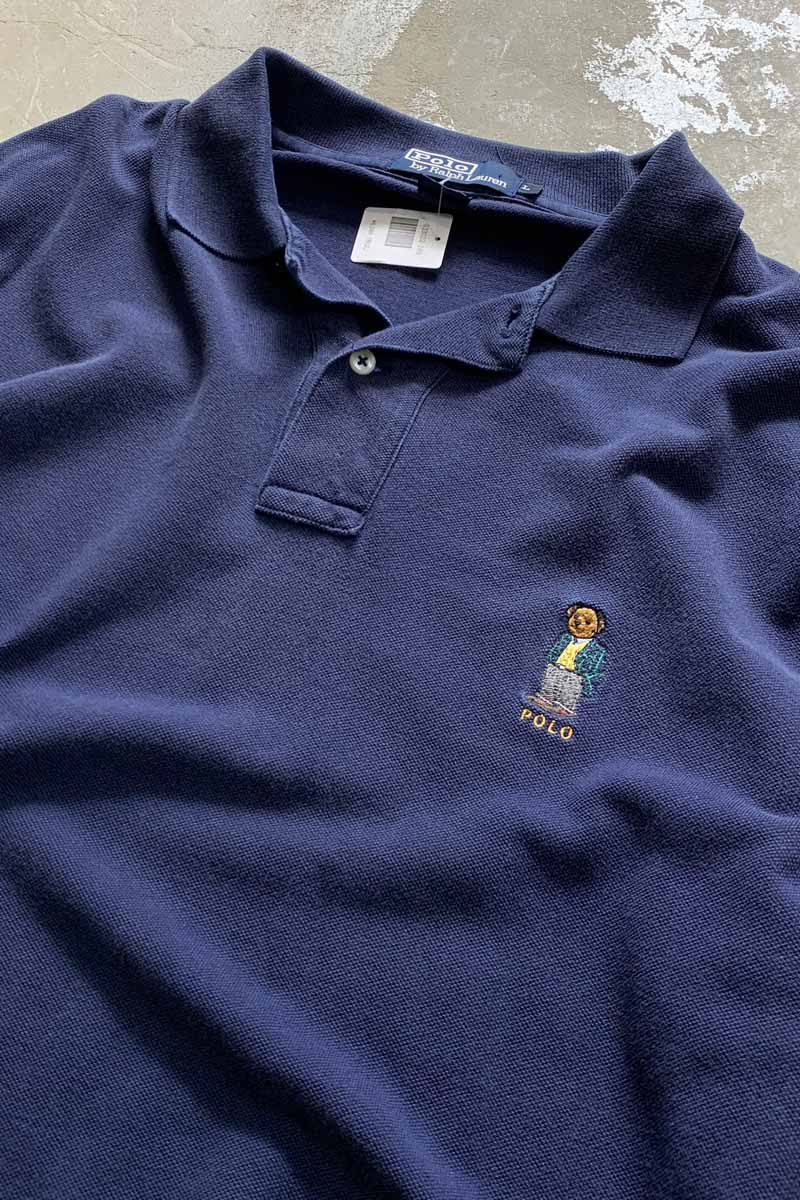 90'S L/S POLO BEAR POLO SHIRT / NAVY [SIZE: L USED]