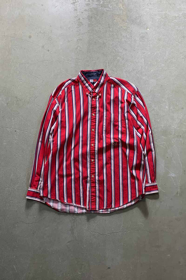 90'S L/S B.D STRIPE SHIRT / RED [SIZE: L USED]