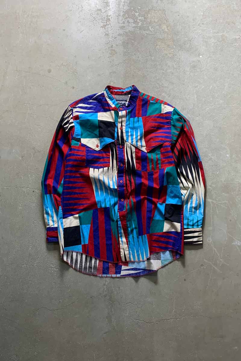 MADE IN USA 80'S L/S NO COLLAR DESIGN COTTON SHIRT / MULTI [SIZE: XL USED]