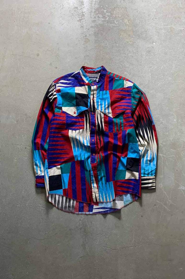 MADE IN USA 80'S L/S NO COLLAR DESIGN COTTON SHIRT / MULTI [SIZE: XL USED]