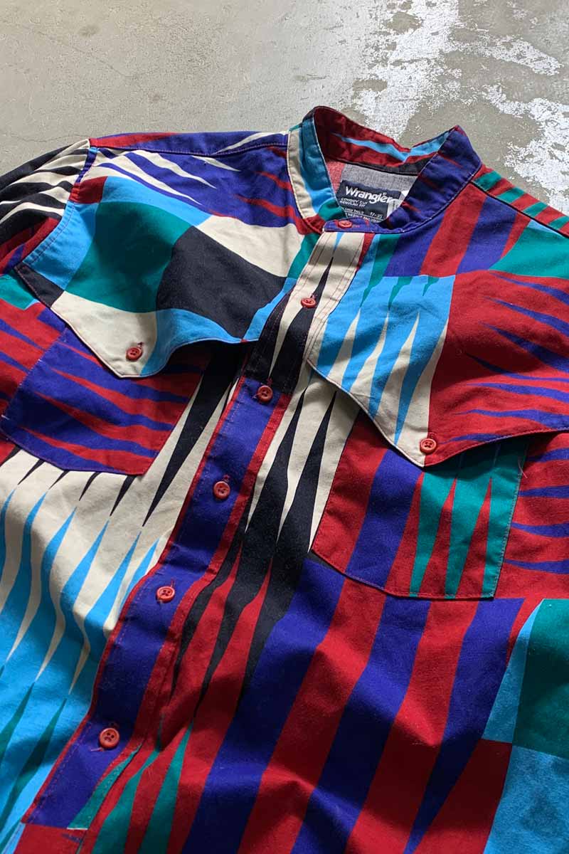MADE IN USA 80'S L/S NO COLLAR DESIGN COTTON SHIRT / MULTI [SIZE: XL USED]