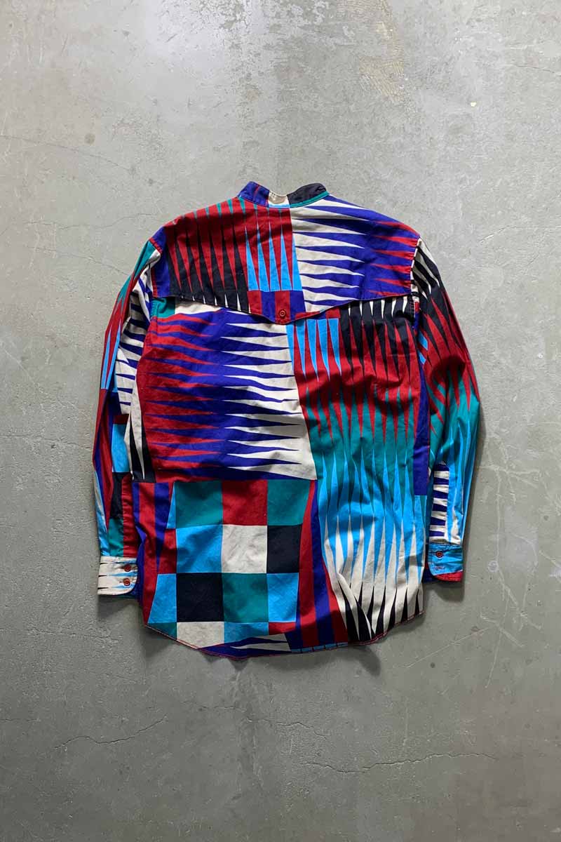 MADE IN USA 80'S L/S NO COLLAR DESIGN COTTON SHIRT / MULTI [SIZE: XL USED]