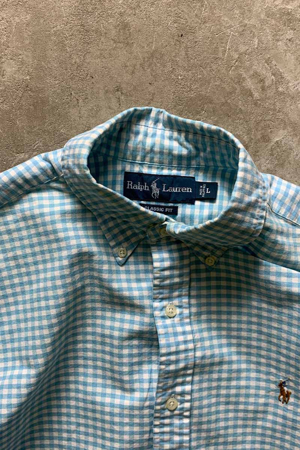 90'S L/S B.D GINGHAM CHECK SHIRT / BLUE [SIZE: L USED]