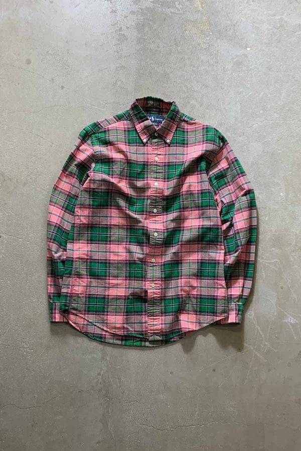 90'S LONG-SLEEVE BUTTON-DOWN CUSTOM FIT CHECK SHIRT / GREEN / PINK [SIZE: M USED]