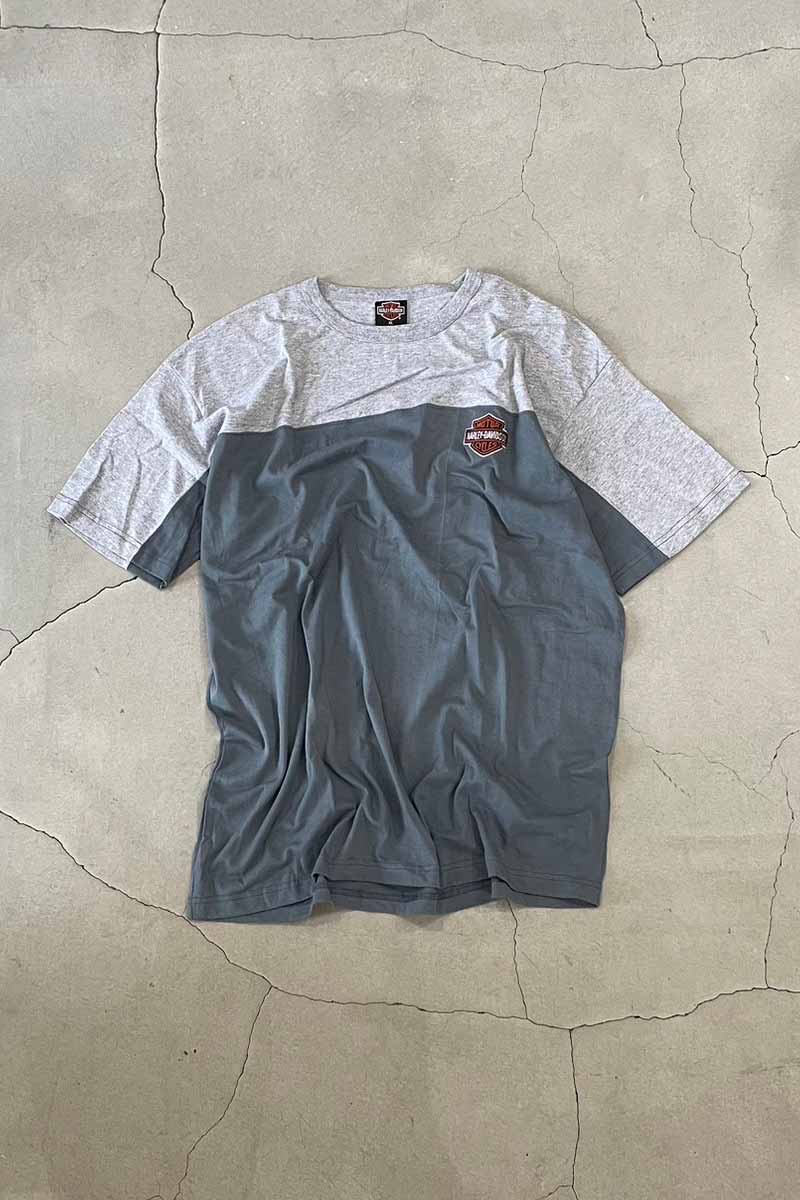 MADE IN USA 90'S S/S TWO TONE LOGO EMBROIDERY MOTORCYCLE T-SHIRT / GRAY / CHARCOAL [SIZE: XL USED]