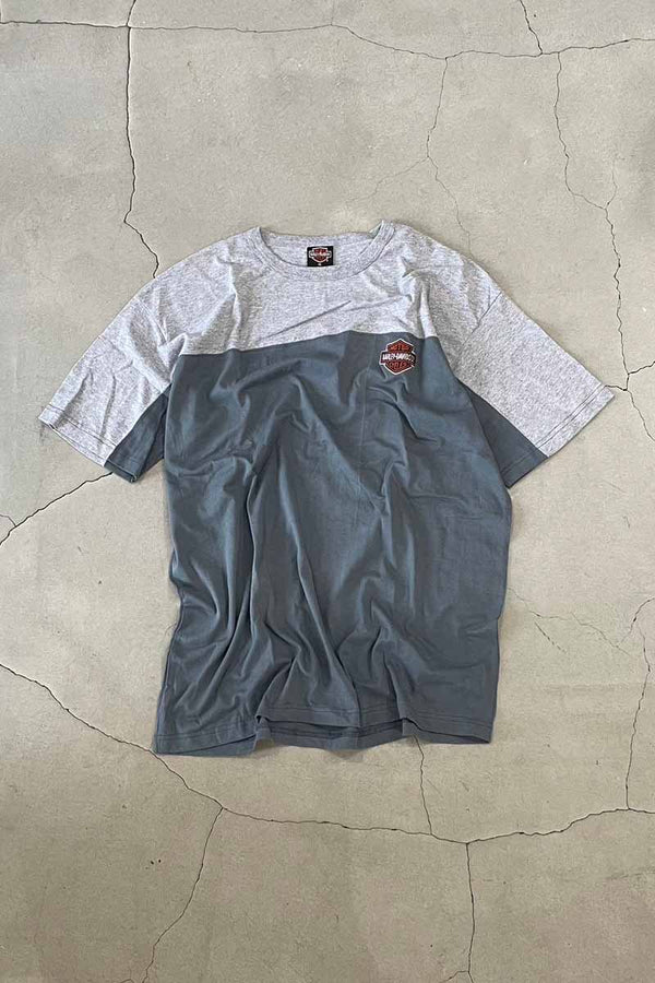 MADE IN USA 90'S S/S TWO TONE LOGO EMBROIDERY MOTORCYCLE T-SHIRT / GRAY / CHARCOAL [SIZE: XL USED]