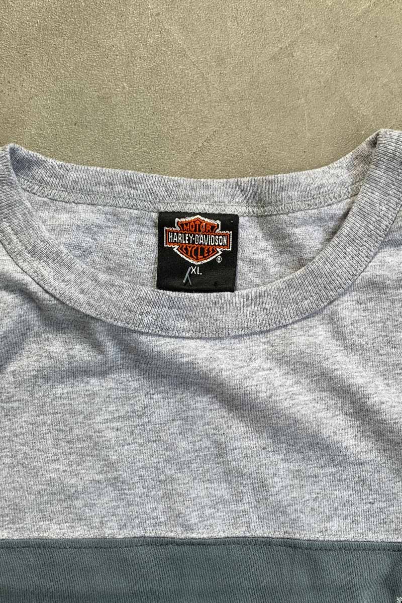 MADE IN USA 90'S S/S TWO TONE LOGO EMBROIDERY MOTORCYCLE T-SHIRT / GRAY / CHARCOAL [SIZE: XL USED]