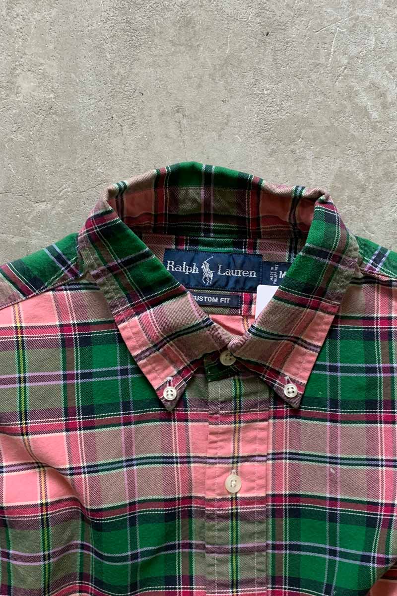 90'S LONG-SLEEVE BUTTON-DOWN CUSTOM FIT CHECK SHIRT / GREEN / PINK [SIZE: M USED]