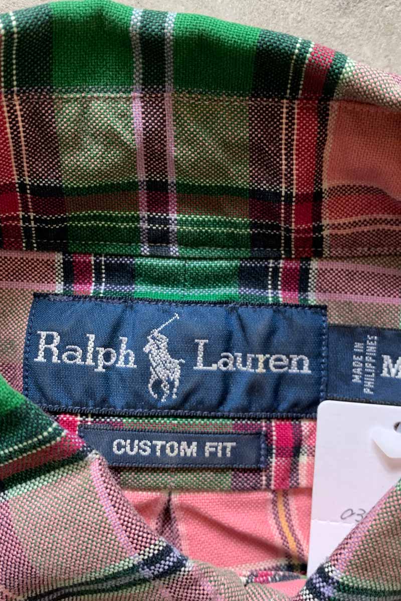 90'S LONG-SLEEVE BUTTON-DOWN CUSTOM FIT CHECK SHIRT / GREEN / PINK [SIZE: M USED]