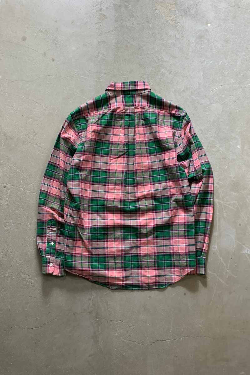 90'S LONG-SLEEVE BUTTON-DOWN CUSTOM FIT CHECK SHIRT / GREEN / PINK [SIZE: M USED]