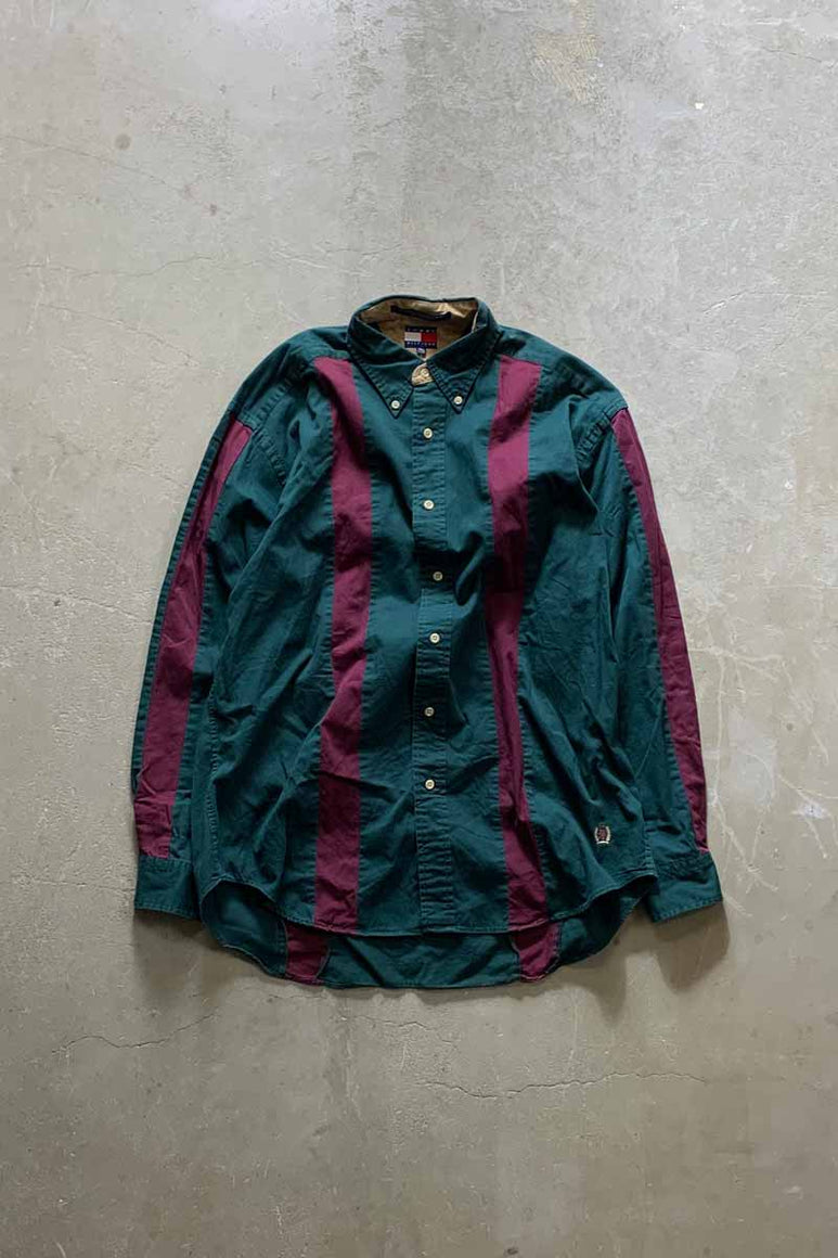 90'S L/S B.D TWO TONE SHIRT / GREEN / BURGUNDY [SIZE: M USED]