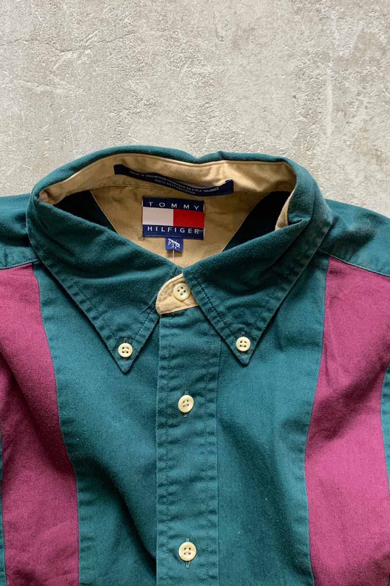 90'S L/S B.D TWO TONE SHIRT / GREEN / BURGUNDY [SIZE: M USED]