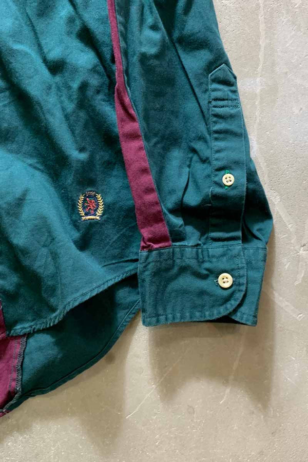 90'S L/S B.D TWO TONE SHIRT / GREEN / BURGUNDY [SIZE: M USED]