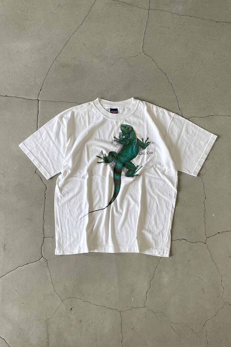 90'S S/S LIZARD PRINT ANIMAL T-SHIRT / WHITE [SIZE: L USED]