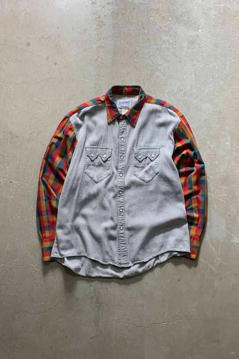 MADE IN USA 70'S SWITCHING PATTERN WESTAN SHIRT / GRAY [SIZE: M USED]