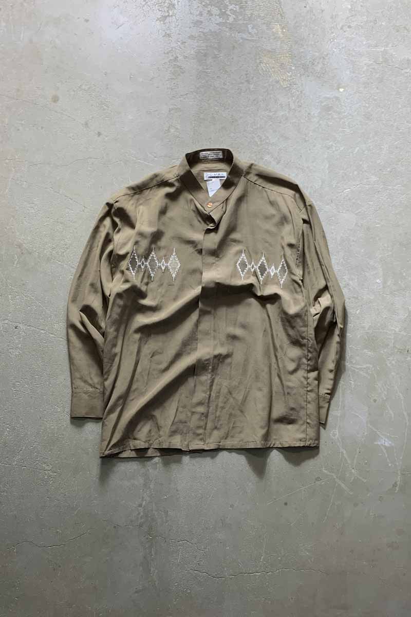 90'S STAND COLLAR SHIRT / KHAKI [SIZE: L USED]
