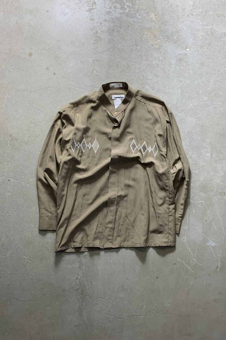 90'S STAND COLLAR SHIRT / KHAKI [SIZE: L USED]