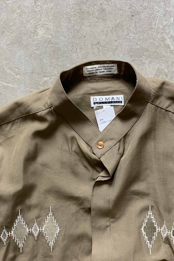 90'S STAND COLLAR SHIRT / KHAKI [SIZE: L USED]