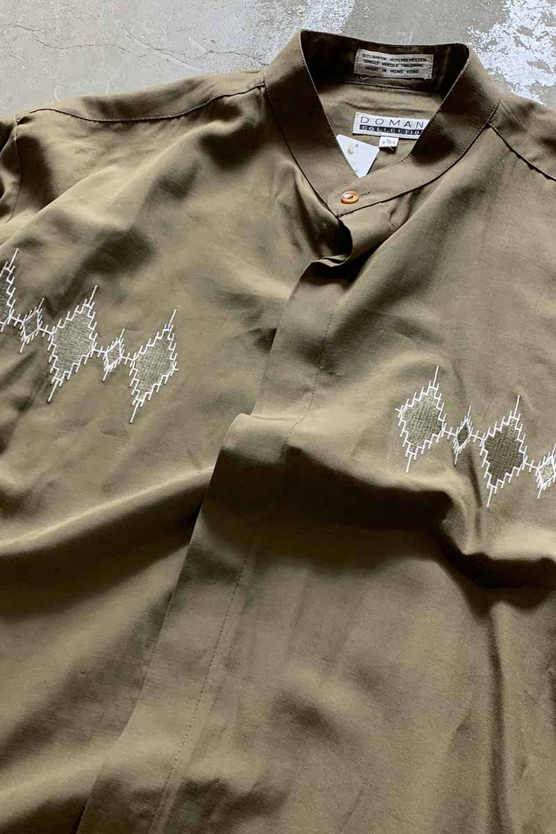 90'S STAND COLLAR SHIRT / KHAKI [SIZE: L USED]
