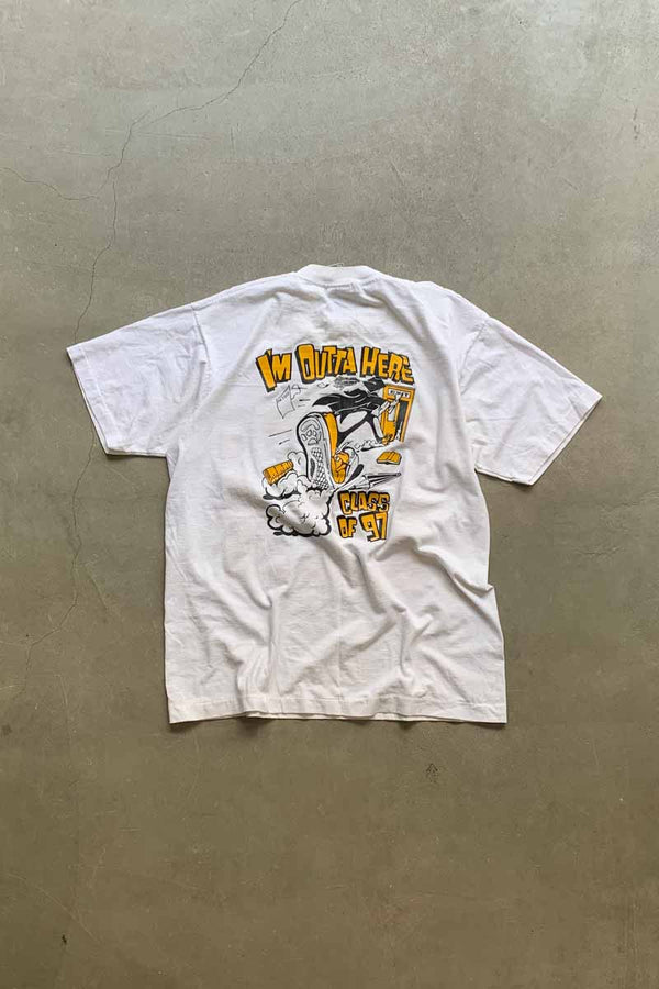97'S S/S I'M OUTTA HERE BACK PRINT MESSAGE T-SHIRT / WHITE [SIZE: L USED]