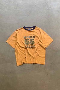 MADE IN USA 90'S S/S WORLD 55 PRINT RINGER T-SHIRT / MUSTARD [SIZE: M USED]