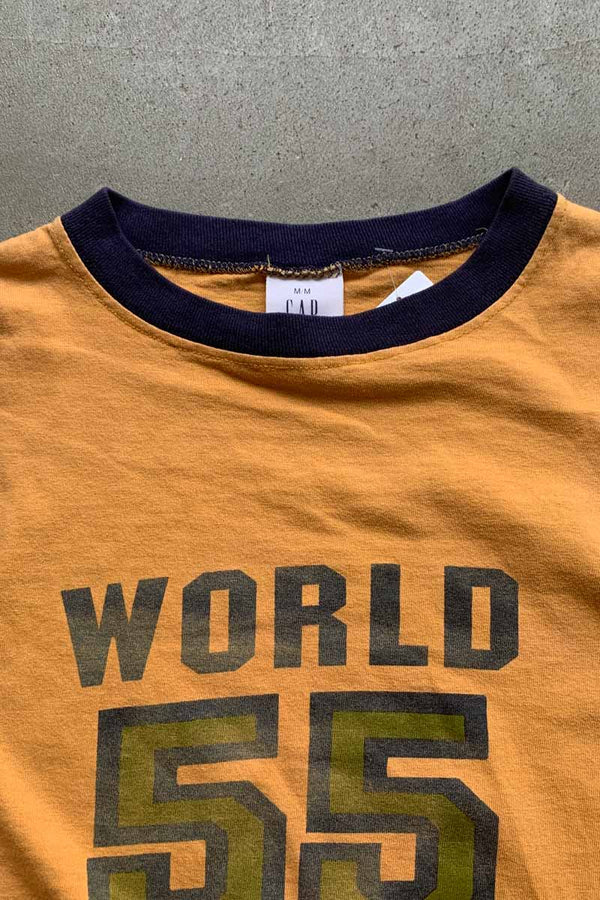 MADE IN USA 90'S S/S WORLD 55 PRINT RINGER T-SHIRT / MUSTARD [SIZE: M USED]
