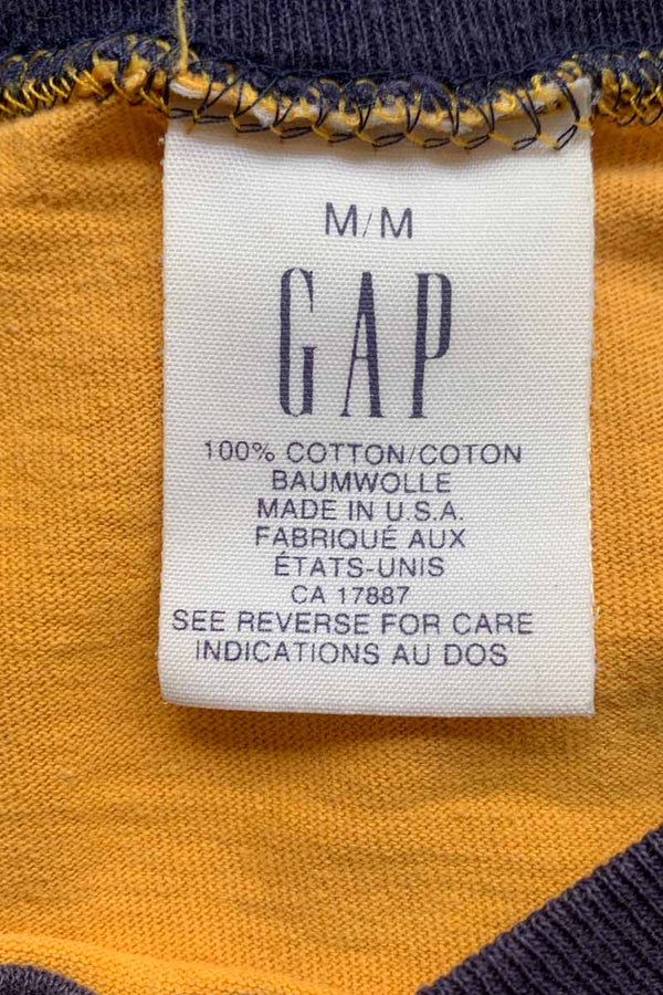 MADE IN USA 90'S S/S WORLD 55 PRINT RINGER T-SHIRT / MUSTARD [SIZE: M USED]